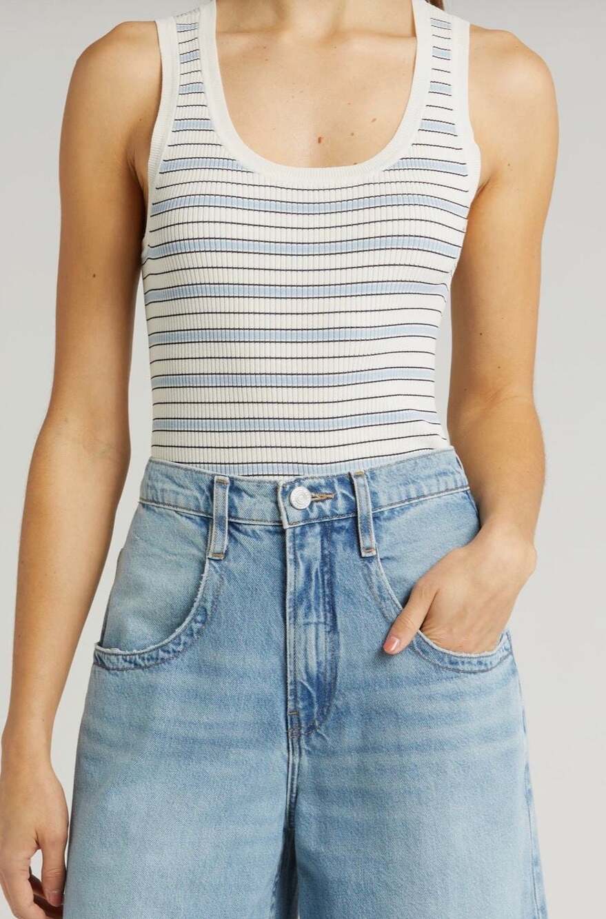 FRAME Striped Ribbed Knit Tank Top White Multi Size M